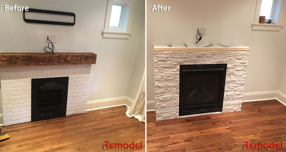 fireplace remodel before and after photo