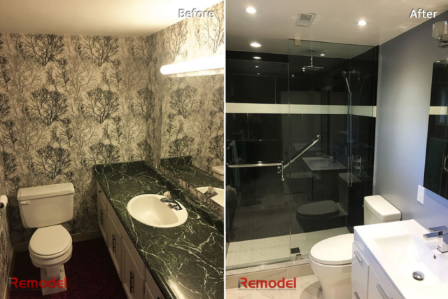 small bathroom remodel stand shower before and after photo